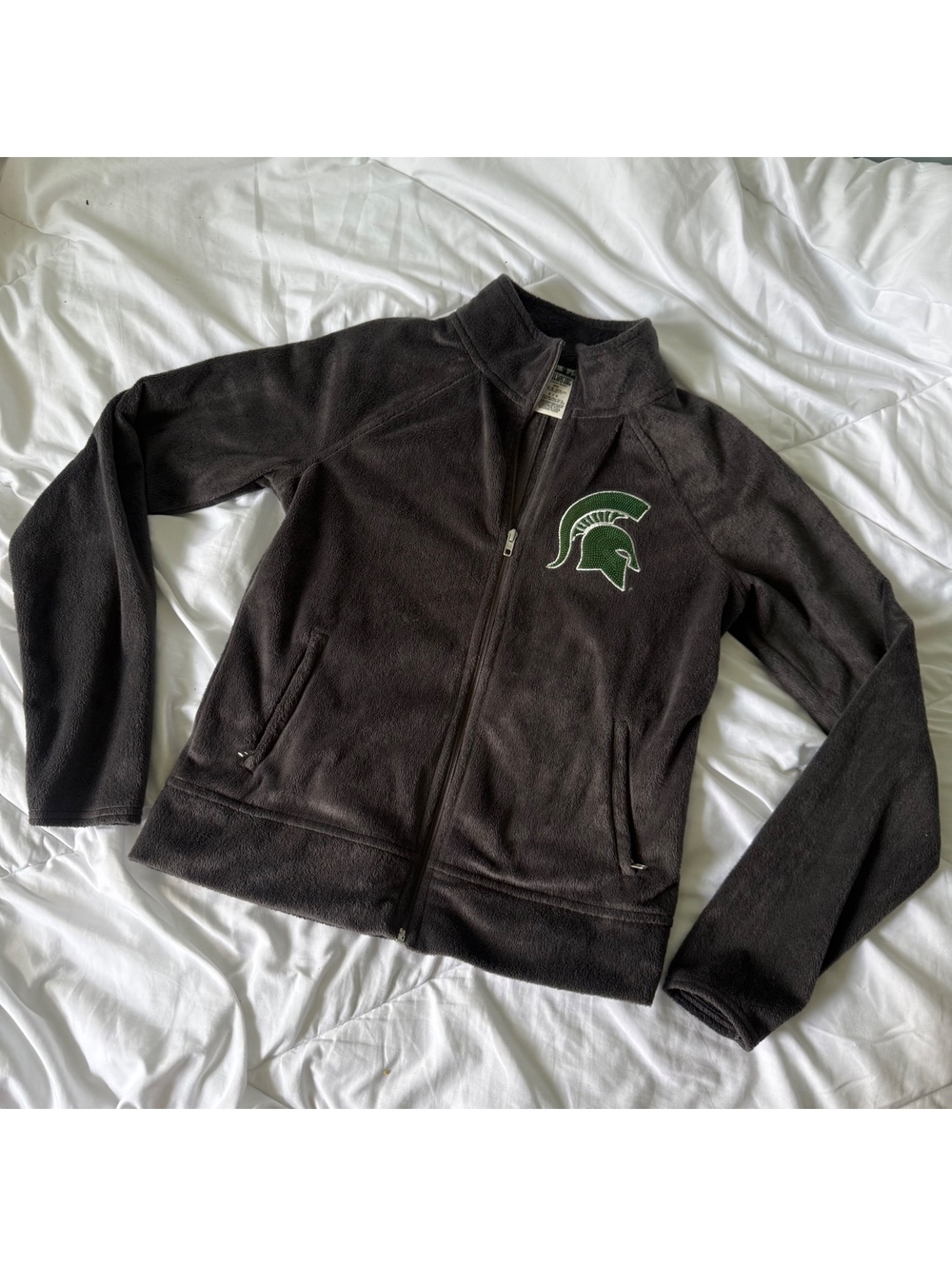 fuzzy gray msu michigan state university victoria's secret sequin  zip up jacket